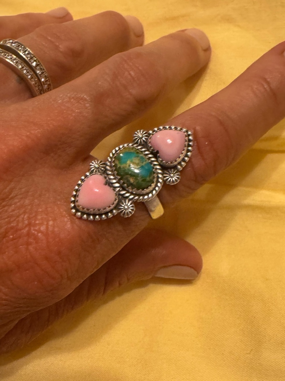 SS Native Triple Threat Pink Conch, Gold & Sonoran Ring! Minimum Sz 6 Adjustable